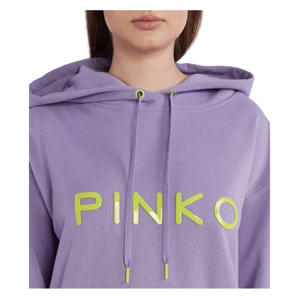 Woman wearing PINKO Purple Cotton Women Sweater with bold logo print, luxury casual chic hoodie for trendsetters in vibrant purple cotton.
