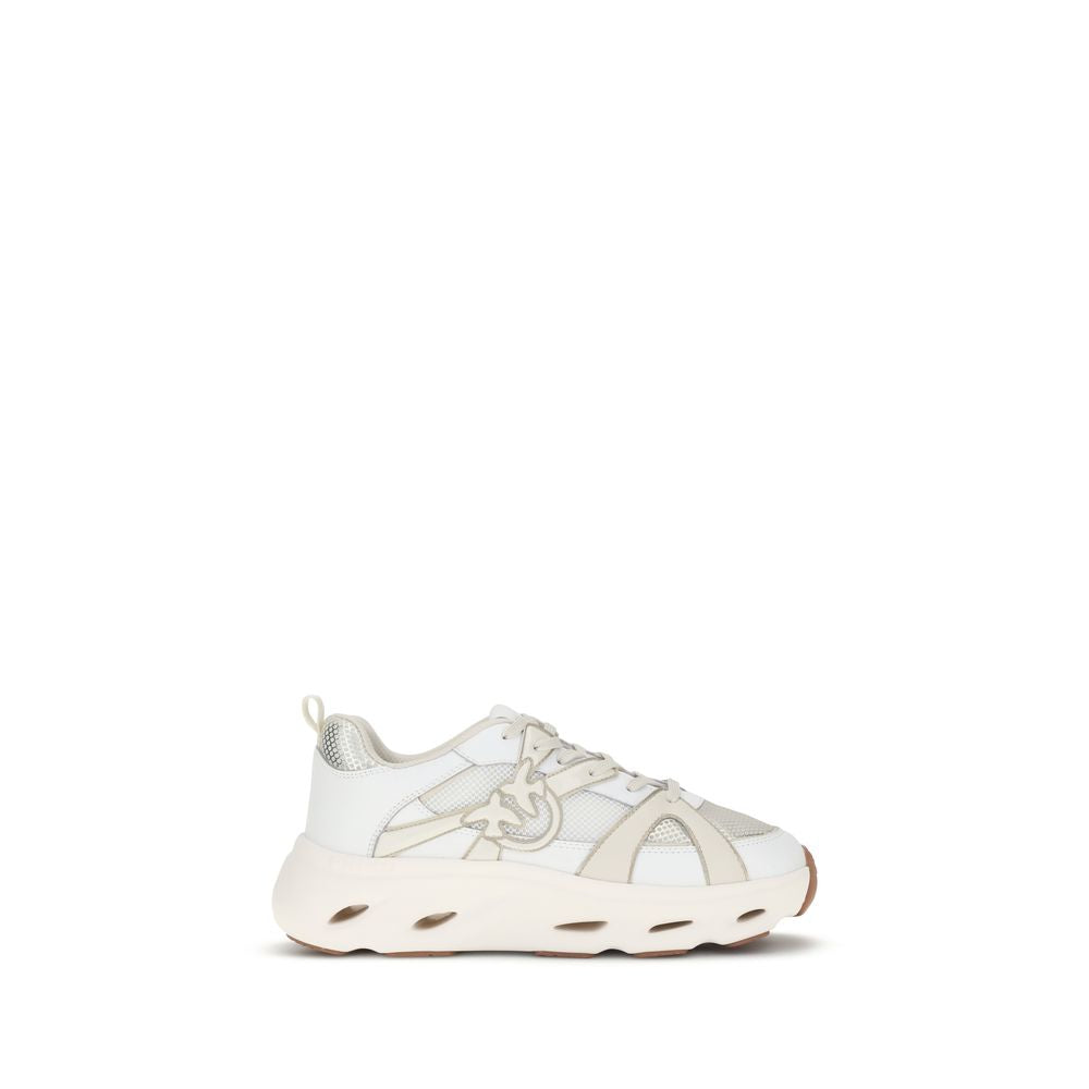 PINKO White Calf Leather Bos Taurus Chunky Sneakers with mesh inserts and Love Birds logo, bold contemporary design, side view
