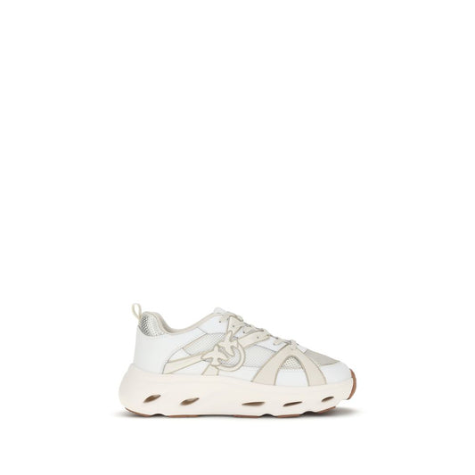 PINKO White Calf Leather Bos Taurus Chunky Sneakers with mesh inserts and Love Birds logo, bold contemporary design, side view