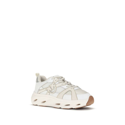 PINKO White Calf Leather Bos Taurus Chunky Sneakers with Love Birds logo, mesh inserts, and shiny accents for bold contemporary style.