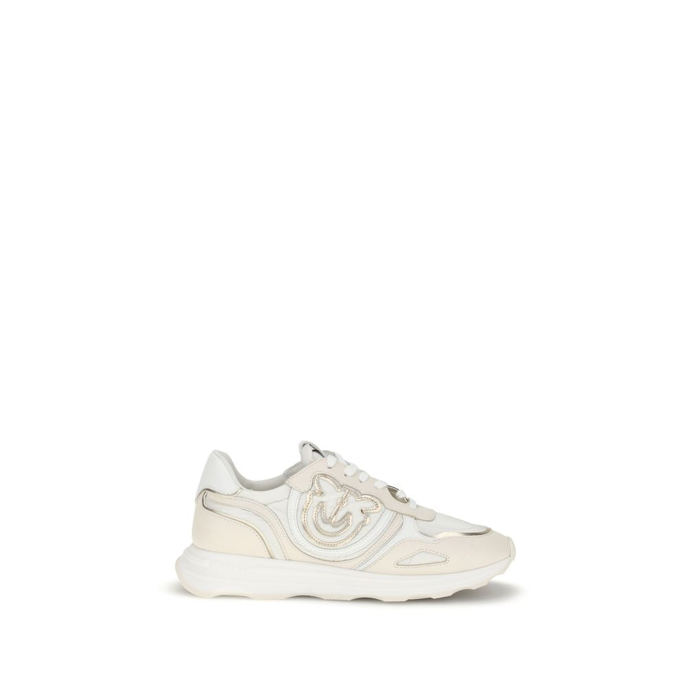 PINKO White Cotton Athletic Sneakers with suede inserts, leather lace-up design, contoured rubber sole, and PINKO logo on the outer side.