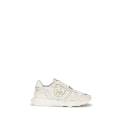 PINKO White Cotton Athletic Sneakers with suede inserts, leather lace-up design, contoured rubber sole, and PINKO logo on the outer side.