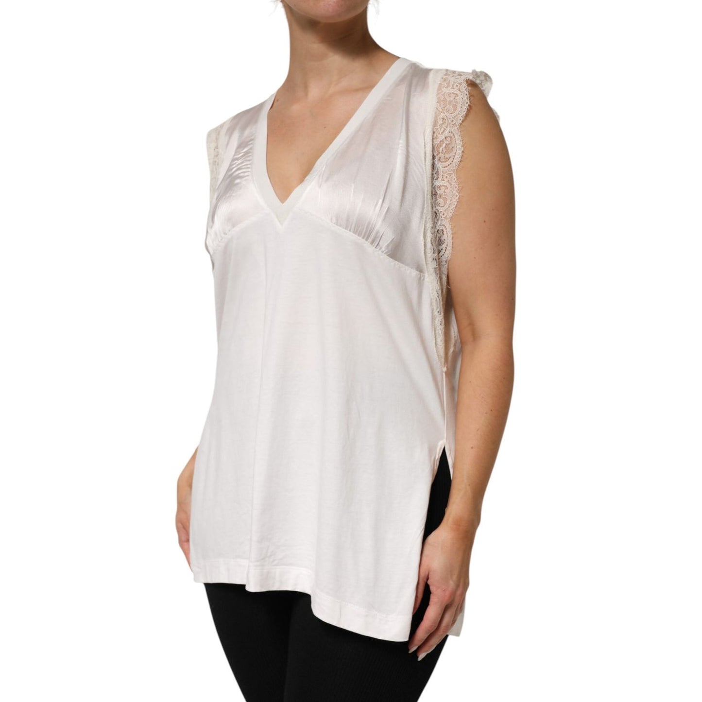 PINKO White Silk Blend Lace Trim Sleeveless V-Neck Women’s Top featuring lace shoulders and a deep V-neckline, elegant and luxurious.