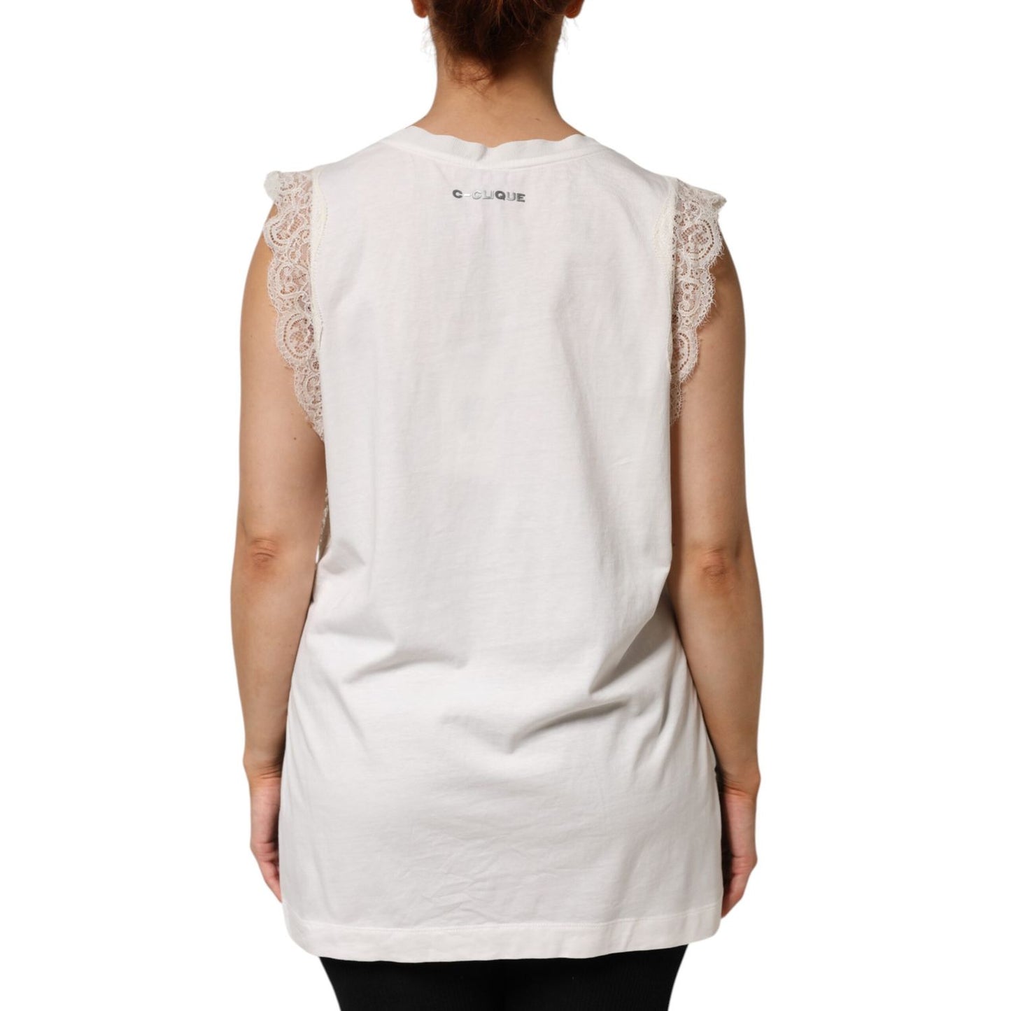 Back view of PINKO White Silk Blend Lace Trim Sleeveless V-Neck Women’s Top, showcasing lace details on shoulders.