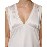 PINKO White Silk Blend Lace Trim Sleeveless V-Neck Women’s Top with deep V-neckline and delicate lace on shoulders.