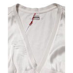 PINKO White Silk Blend Lace Trim Sleeveless V-Neck Women’s Top with deep V-neckline and lace-trimmed shoulders.