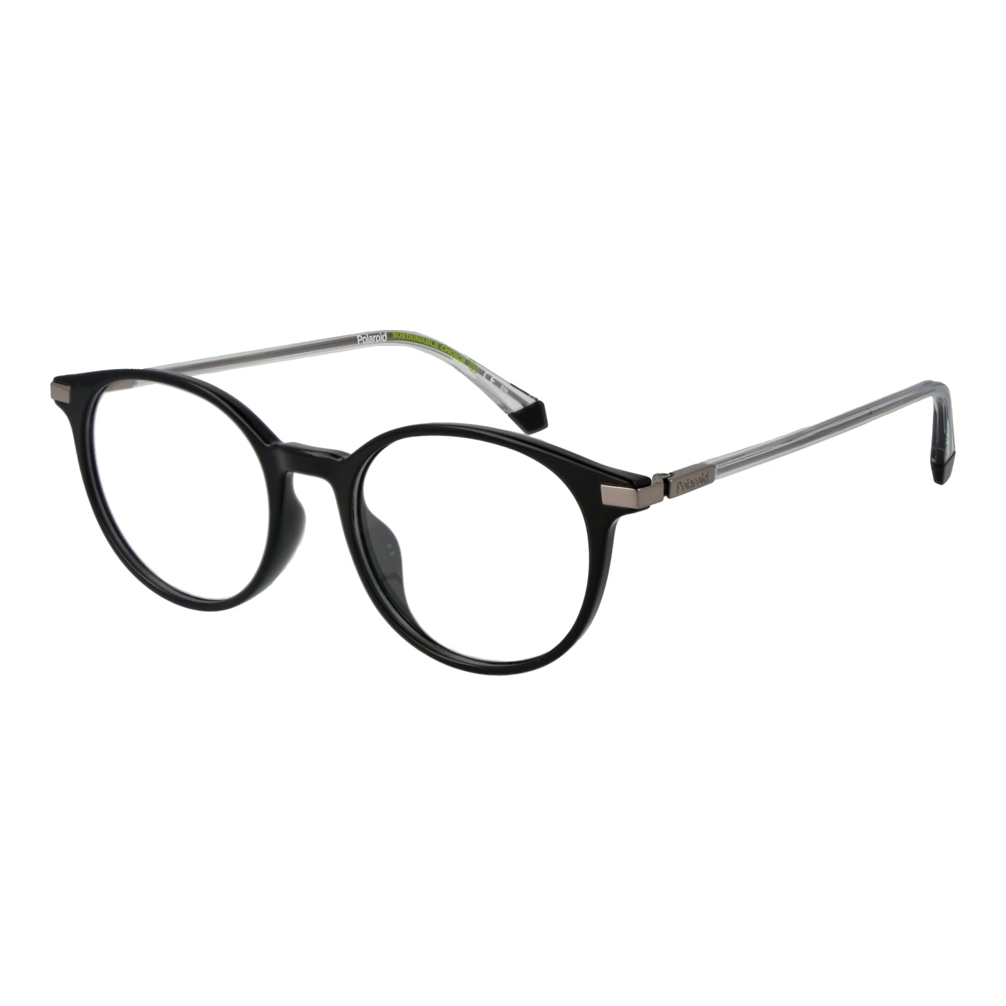 Unisex glasses POLAROID MOD. PLD D461_G 50807 with round black frames and silver temples.