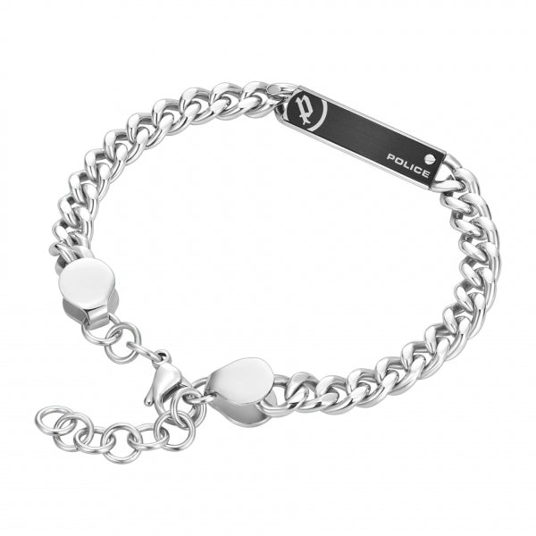 Alt Tag: POLICE JEWELS JEWELRY Mod. PEAGB0010801 silver bracelet with chain link design and logo plate.