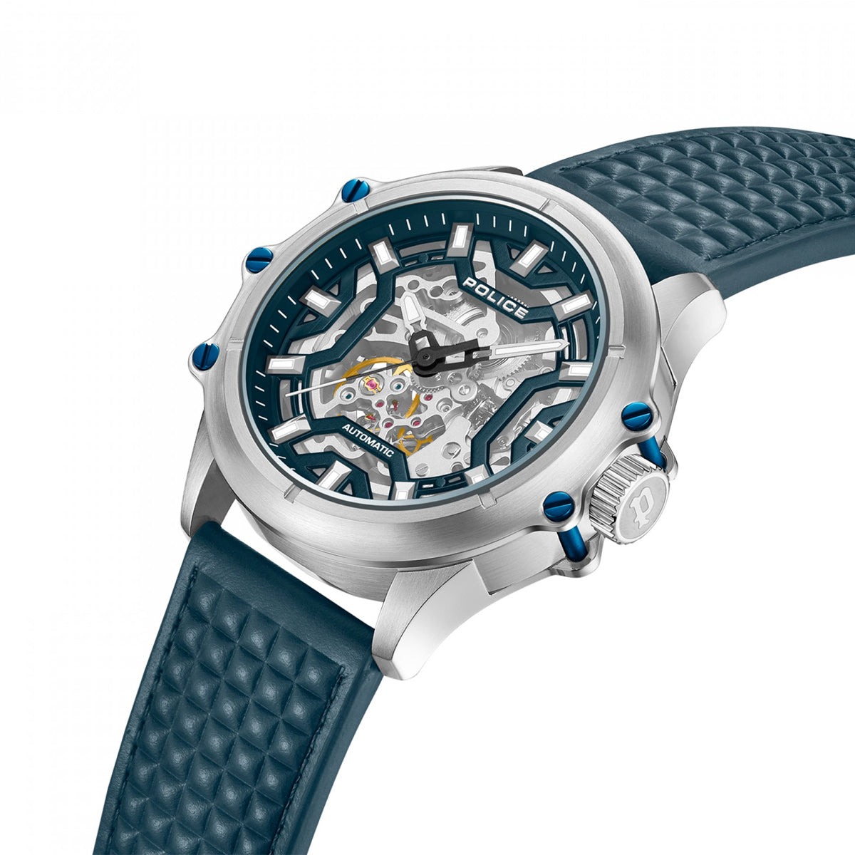 POLICE WATCHES Mod. PEWGE1601803 with blue leather strap and visible automatic movement. Stylish and modern timepiece.