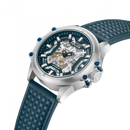 POLICE WATCHES Mod. PEWGE1601803 with blue leather strap and visible automatic movement. Stylish and modern timepiece.