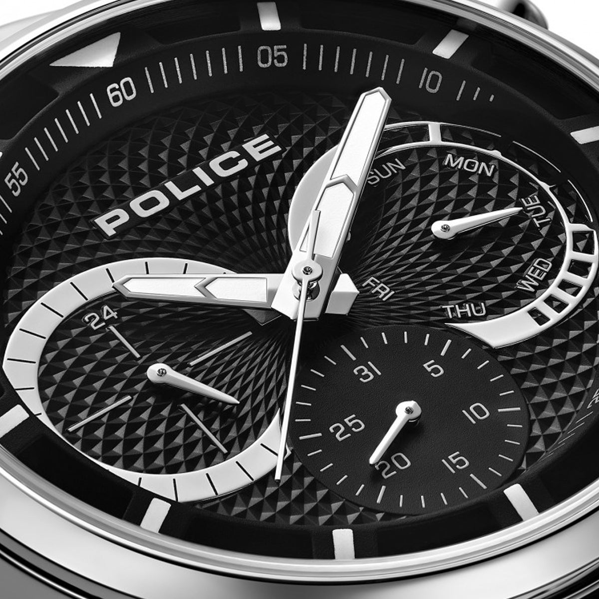 Close-up of POLICE WATCHES Mod. PEWGK0040303M showcasing detailed dial and polished hands.