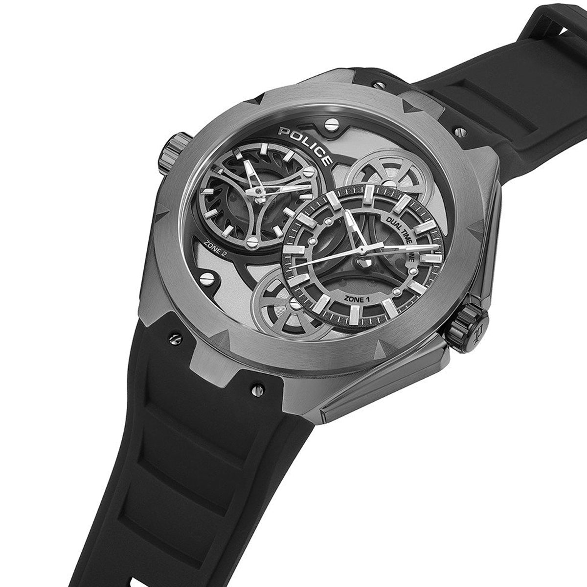 Sleek design of POLICE WATCHES Mod. PEWGM0081701 with dual time feature and black strap, showcasing modern craftsmanship.