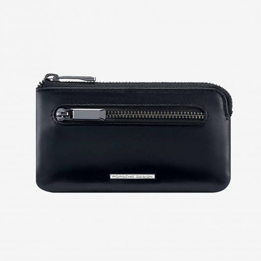 Black leather Porsche Portachiavi Mod. OBE09924-001 key holder with silver zipper and logo detail