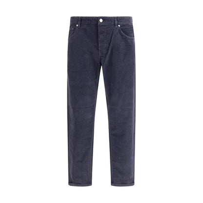 PT Torino Blue Cotton Casual Pants with corduroy design and regular fit, featuring five-pocket style and signature leather patch for a refined look.