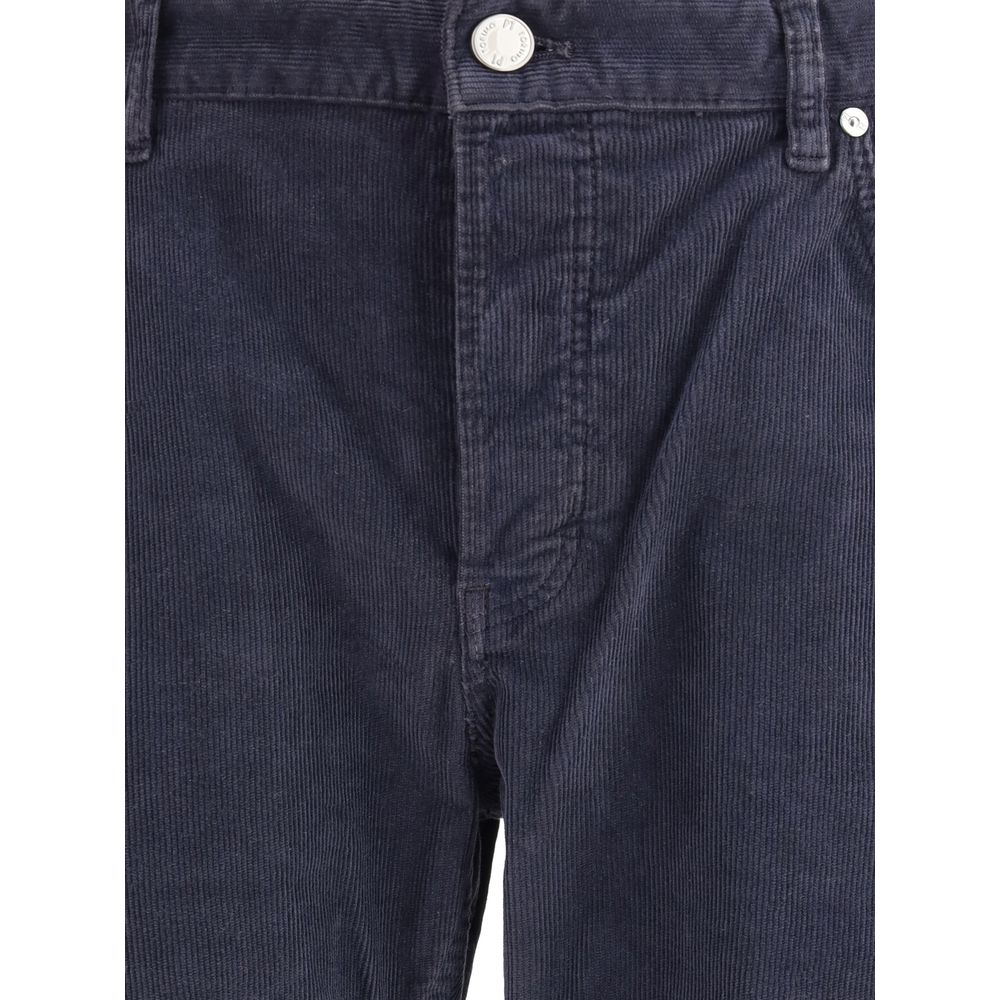PT Torino Blue Cotton Casual Pants with refined corduroy design, front button closure, and iconic leather patch detail.