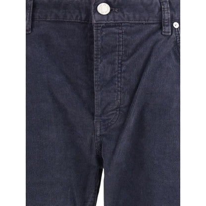 PT Torino Blue Cotton Casual Pants with refined corduroy design, front button closure, and iconic leather patch detail.