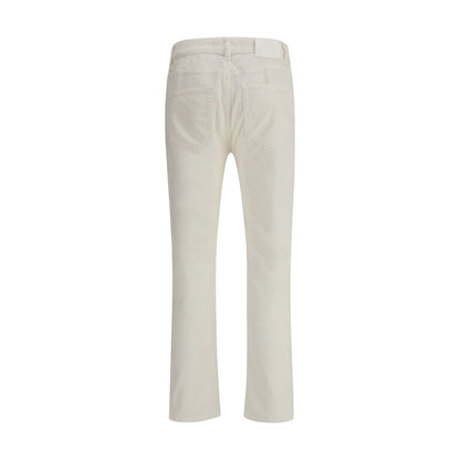 Back view of PT Torino White Cotton Pants with leather patch detail, showcasing straight fit and corduroy design.