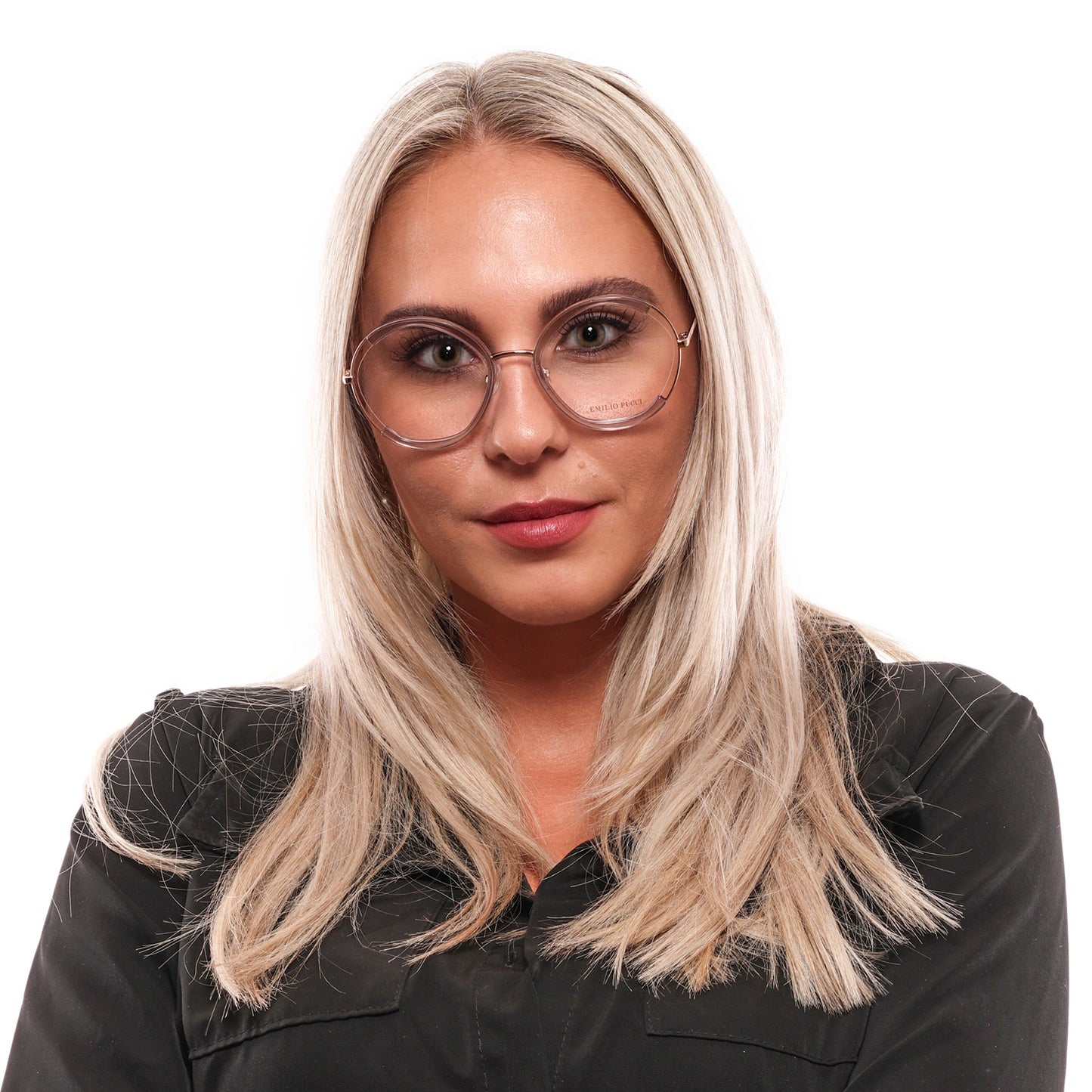 Woman wearing PUCCI MOD. EP5089 54083 glasses with stylish round frames, perfect for a sophisticated look. Suitable for ladies.