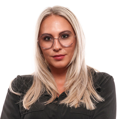 Woman wearing PUCCI MOD. EP5089 54083 glasses with stylish round frames, perfect for a sophisticated look. Suitable for ladies.