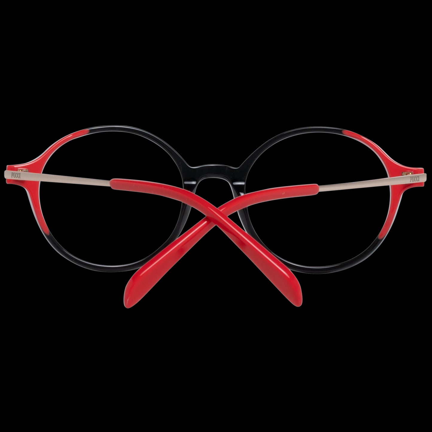 Red and black lady's eyeglasses, model PUCCI MOD. EP5118 50005, showcasing a stylish design against a black background.