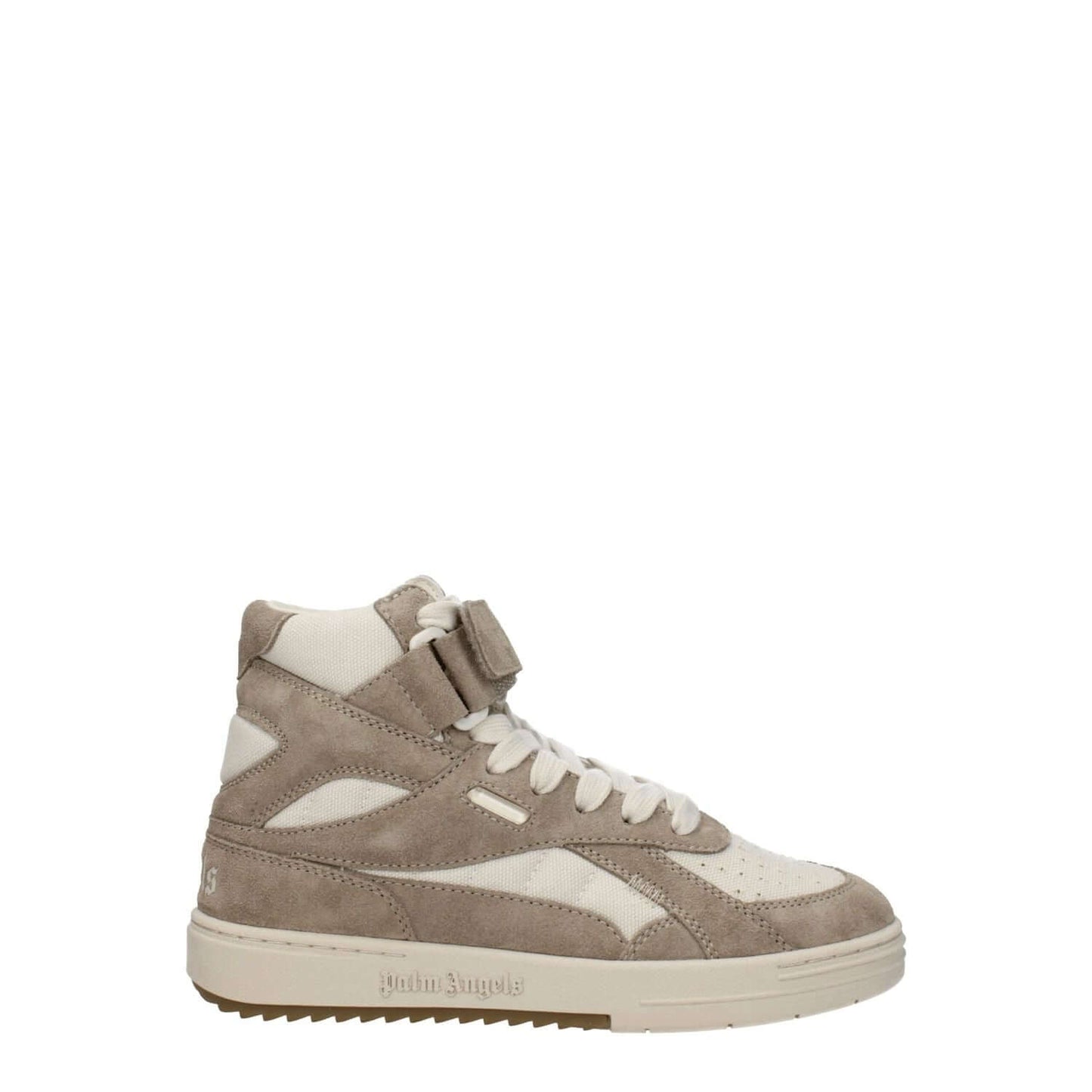 Palm Angels Beige Leather High Top Sneakers with suede finish and strap closure, featuring logos on front, side, and back.