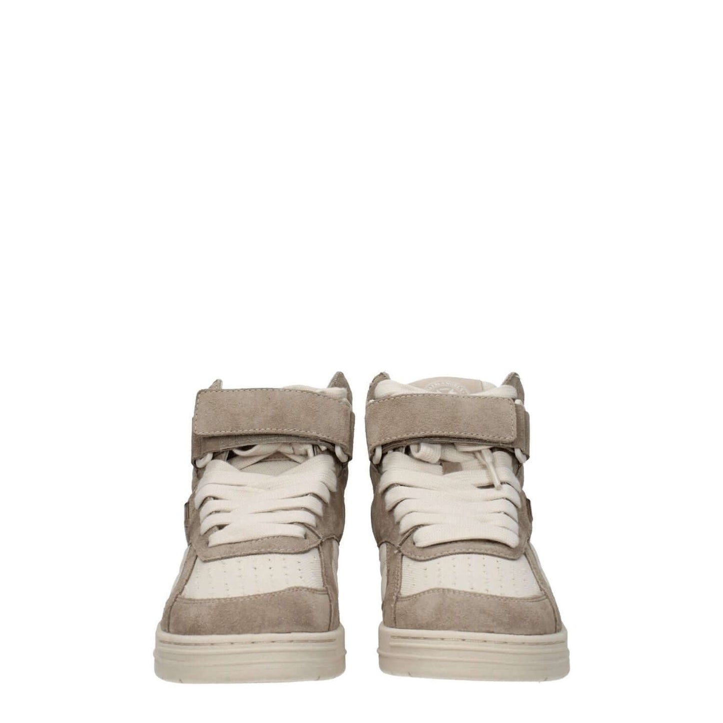 Front view of Palm Angels Beige Leather High Top Sneakers with strap closure and rubber sole.