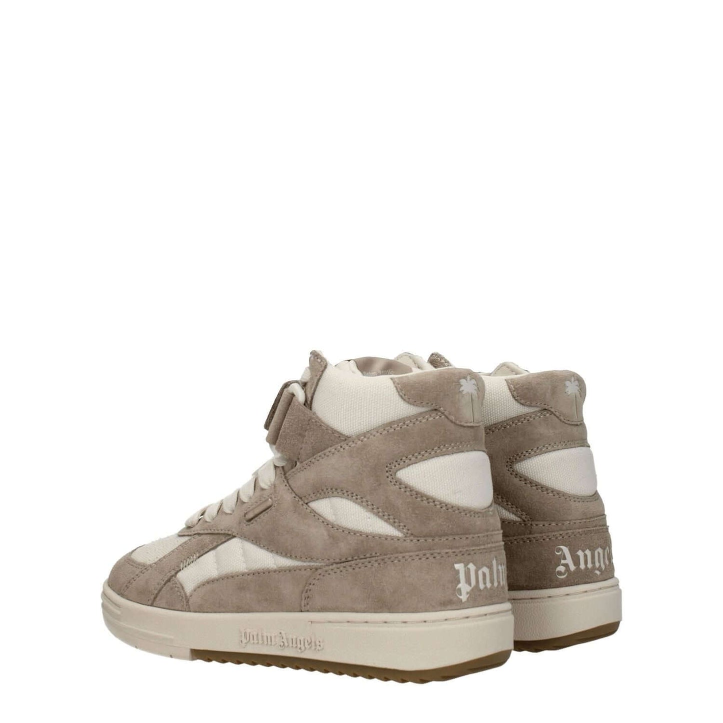 Palm Angels Beige Leather High Top Sneakers with suede panels and logos, featuring rubber sole and strap closure. Sporty glam style, round toe.