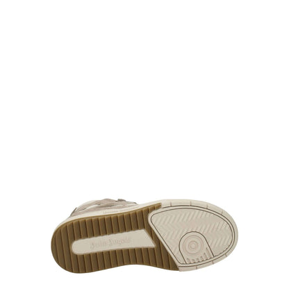 Sole view of Palm Angels Beige Leather High Top Sneakers with rubber sole and logos