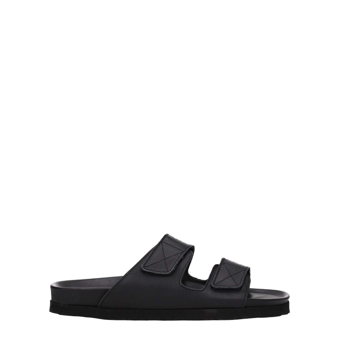 "Palm Angels Black Leather Slippers with strap closure and open toe design, featuring front logo and rubber sole."