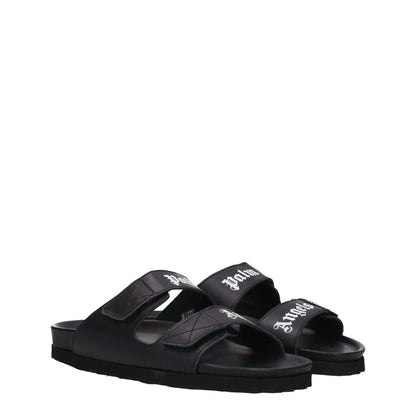 Palm Angels Black Leather Slippers with front logo, open toe, rubber sole, and strap closure, casual style footwear.