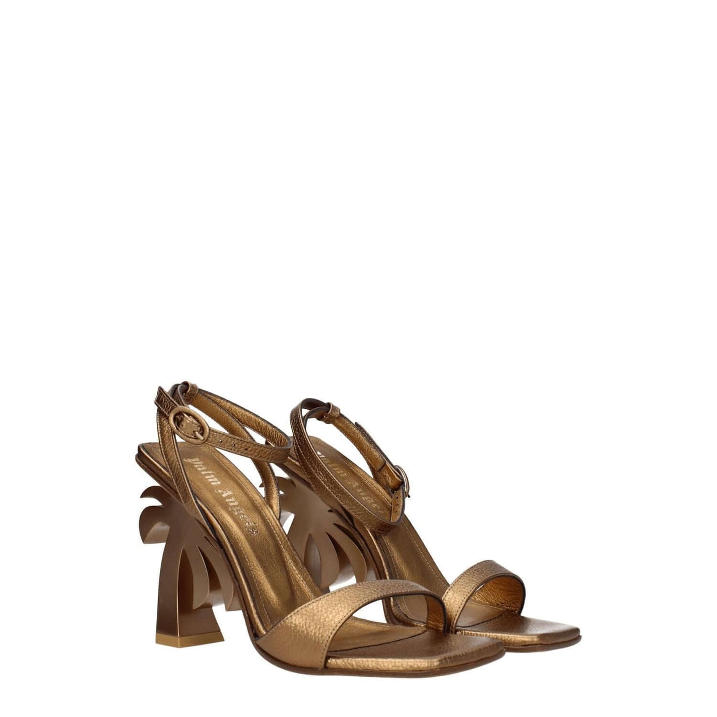 Palm Angels Gold Leather Platform Sandals with buckle closure and high heel in dark gold. Open toe design, casual style. MPN PELLEPWIH004LEA0017600.