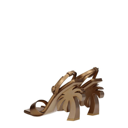 Palm Angels Gold Leather Platform Sandals with unique palm tree high heel design, featuring open toe and buckle closure.