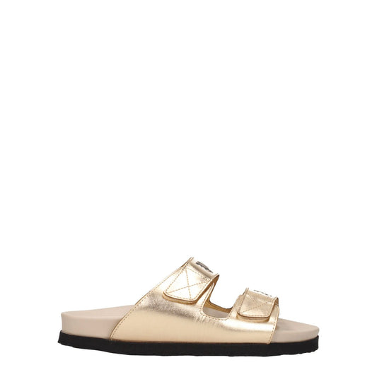 Palm Angels Gold Leather Slippers with metallic effect, strap closure, front logo, open toe, low flat heel made of rubber sole