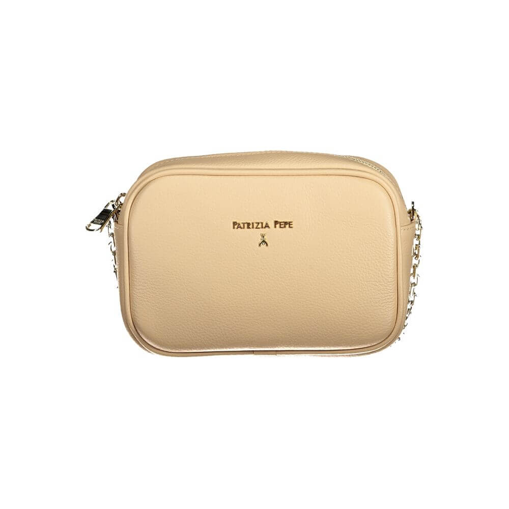 Patrizia Pepe Beige Leather Handbag with adjustable shoulder strap, internal pocket, zip closure, and logo design.