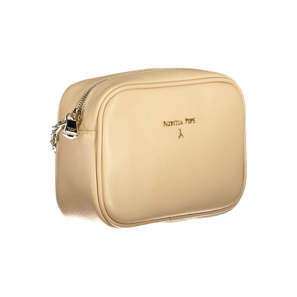 Patrizia Pepe Beige Leather Handbag with adjustable shoulder strap, internal pocket, zip closure, and logo.