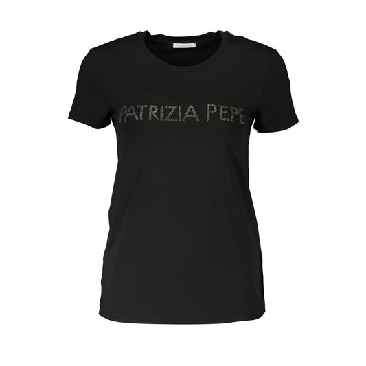 Patrizia Pepe Black Organic Cotton Women T-Shirt with rhinestone logo and crew neck design