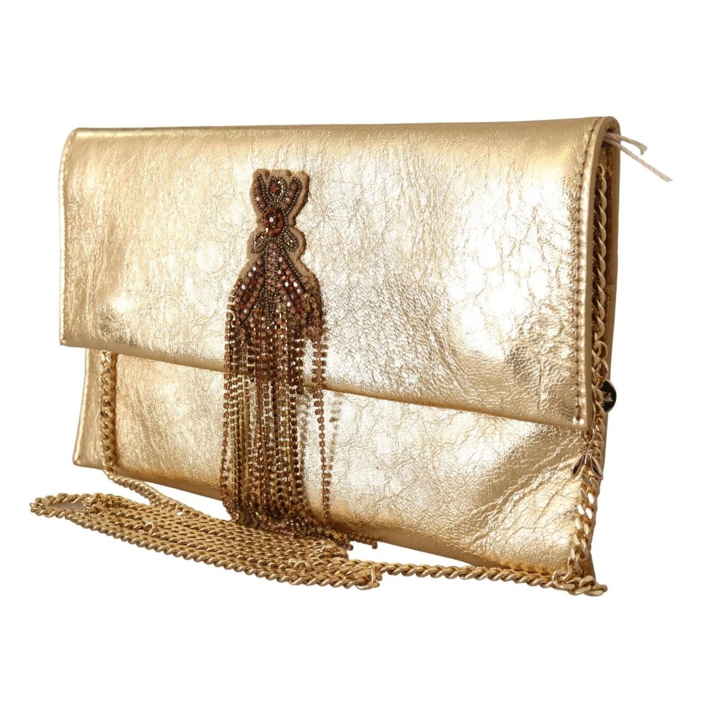Patrizia Pepe Gold Leather Embellished Shoulder Strap Bag with chain detail and magnetic flap closure, crafted in gold leather.