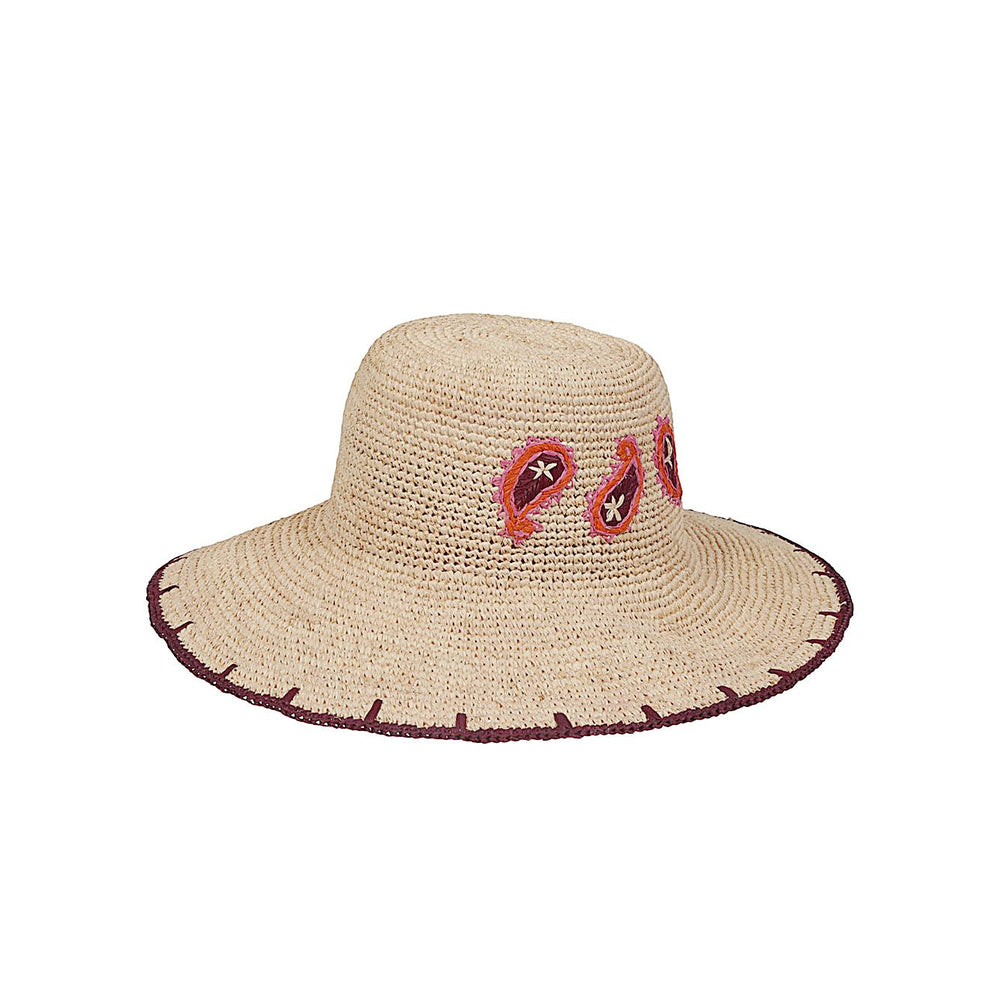 Paul Smith Paisley straw hat in beige with unique hand-finished design, featuring contrasting edge and paisley decorations.