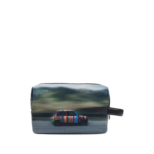 Paul Smith Recycled Polyester 'Pixelated Mini' Washbag with vibrant car graphic and leather handle, 23cm x 16cm x 10cm.
