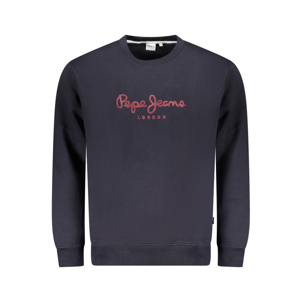 Pepe Jeans Blue Cotton Men Sweater, long-sleeved crewneck, premium sustainable cotton blend, red logo on chest, stylish and comfortable.