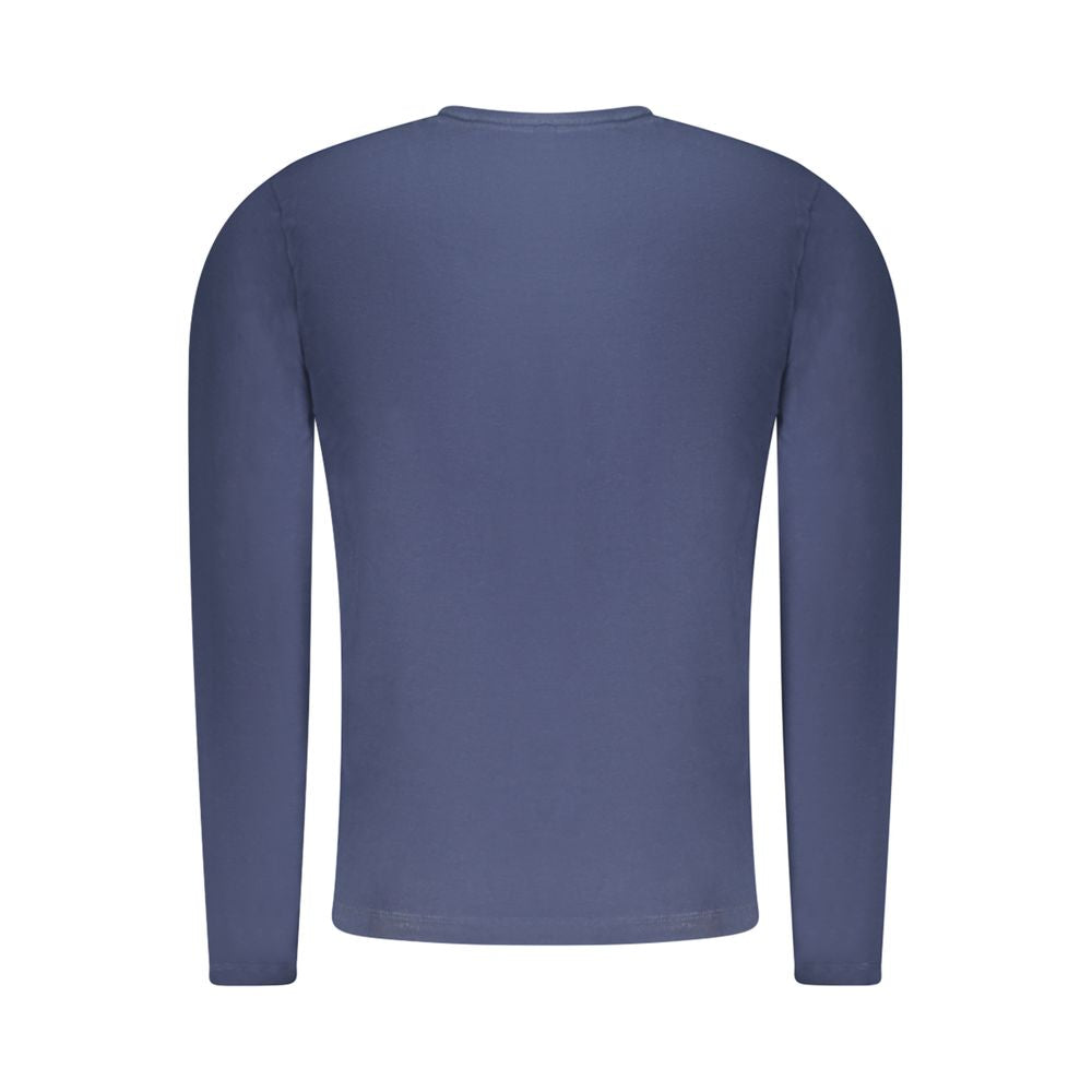 Pepe Jeans Blue Cotton T-Shirt, slim fit, long sleeve, crew neck, printed logo, made with 70% sustainable cotton, rear view.