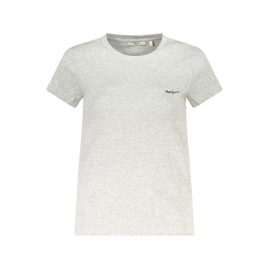 Pepe Jeans Gray Cotton Women T-Shirt with crew neck and embroidered logo, perfect for casual wear, emphasizing comfort and sustainability.