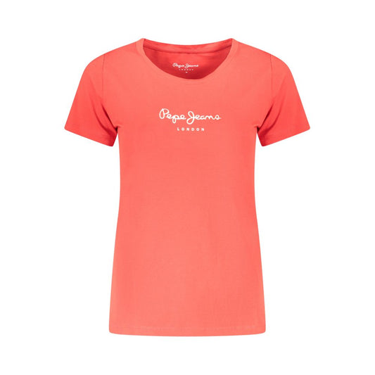 Pepe Jeans Red Cotton Women T-Shirt with logo, short-sleeved crew neck top, sustainable cotton blend, trendy casual wear.