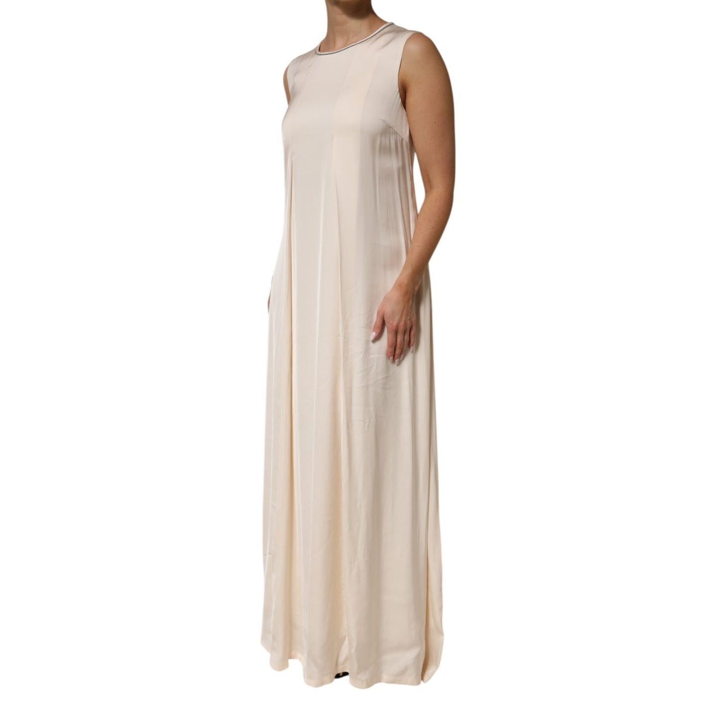 Peserico Beige Viscose Pleated Sleeveless Long Maxi Dress, elegant, Italian-made, flowing silhouette, perfect for formal occasions.