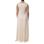 Back view of Peserico Beige Viscose Pleated Sleeveless Long Maxi Dress showcasing elegant drape and zipper closure.