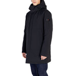 Peuterey Black Polyester Jackets & Coat for men with minimalist design featuring adjustable hood and concealed closure.