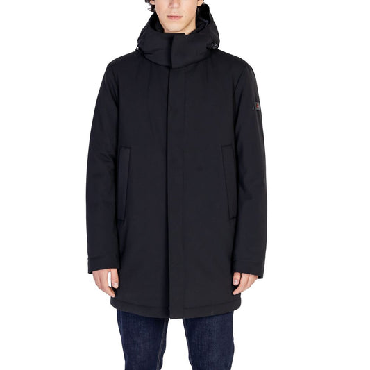 Peuterey Black Polyester Jackets & Coat with concealed front closure and adjustable hood for men
