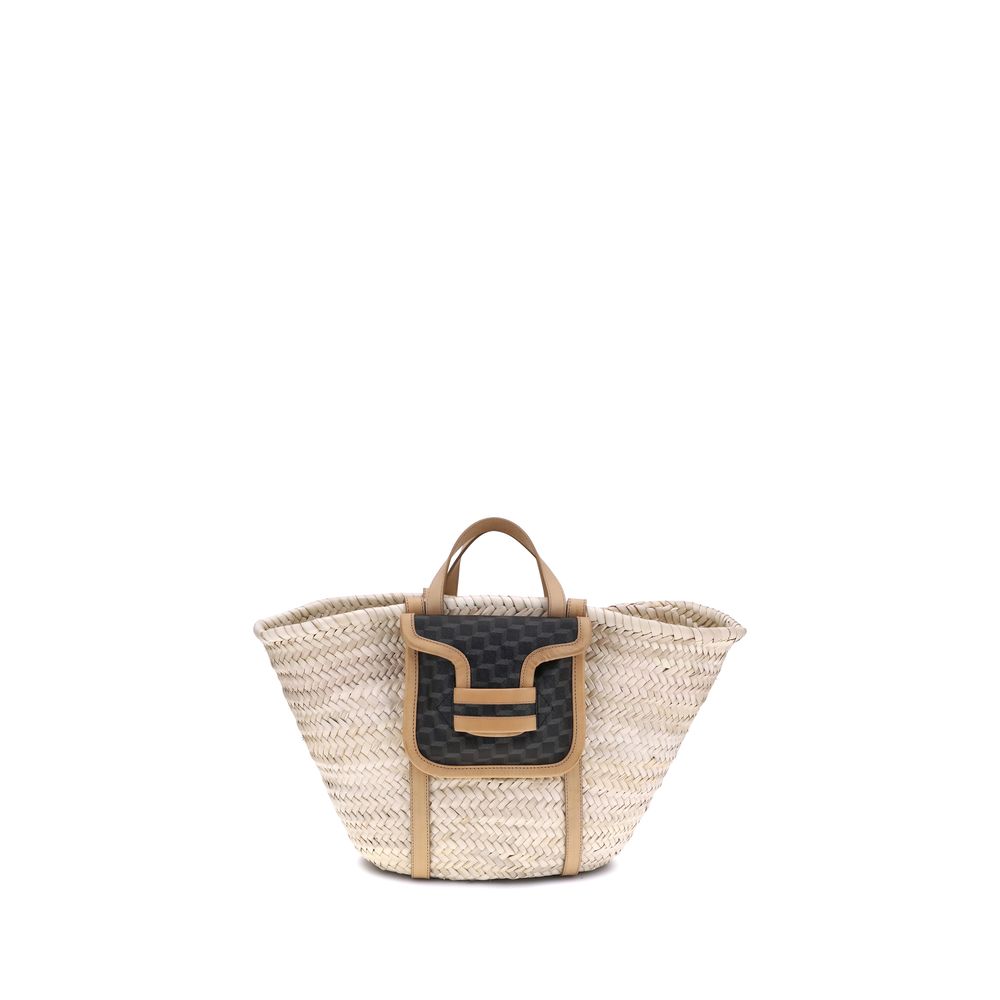 Pierre Hardy Beige Raffia Shoulder Bag with black and beige trim, featuring multiple handles and an internal pouch.
