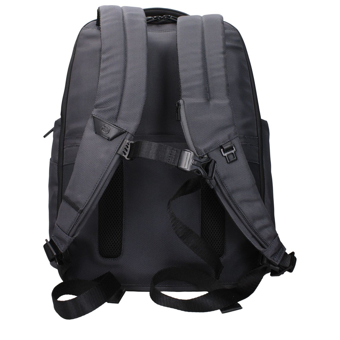 Back view of Piquadro Gray Nylon Backpack with adjustable straps and water-resistant material, featuring RFID protection and iPad/PC case.