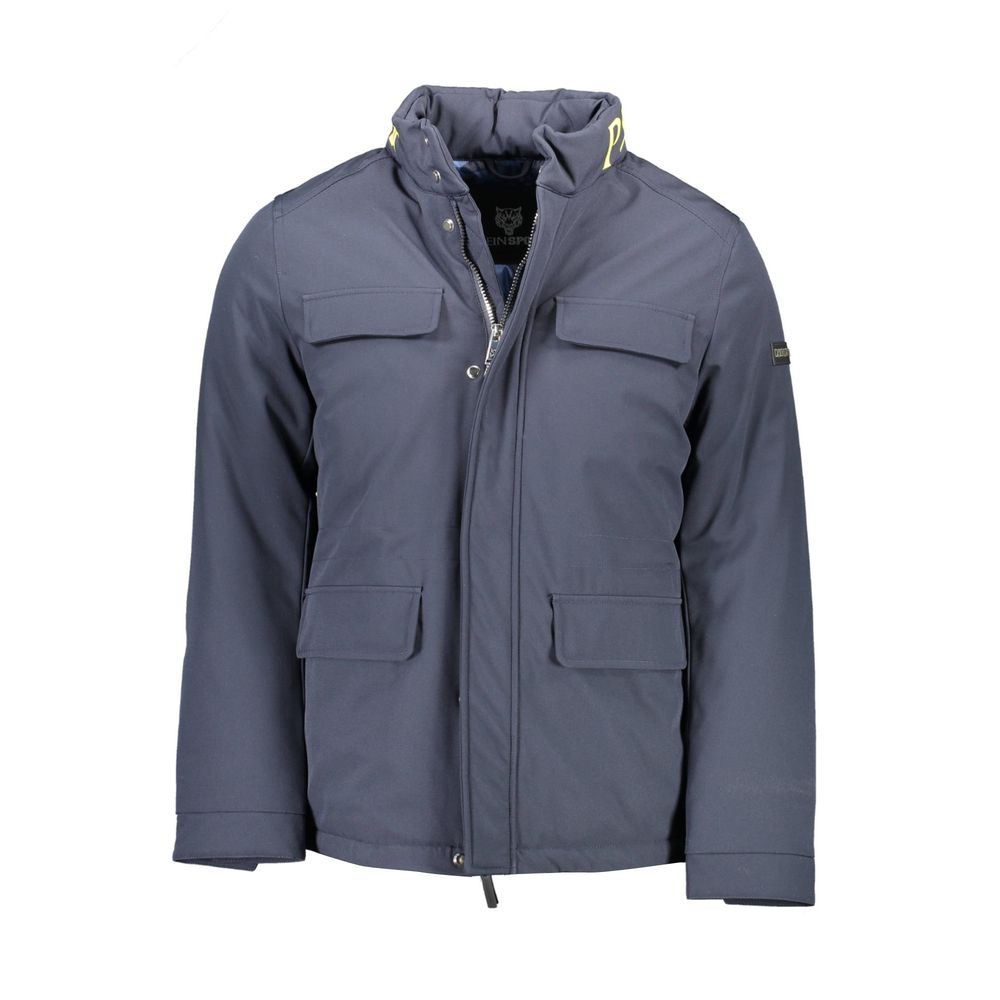 Plein Sport Blue Polyester Men's Jacket with concealed hood and five pockets showcasing high fashion and functionality, front view.